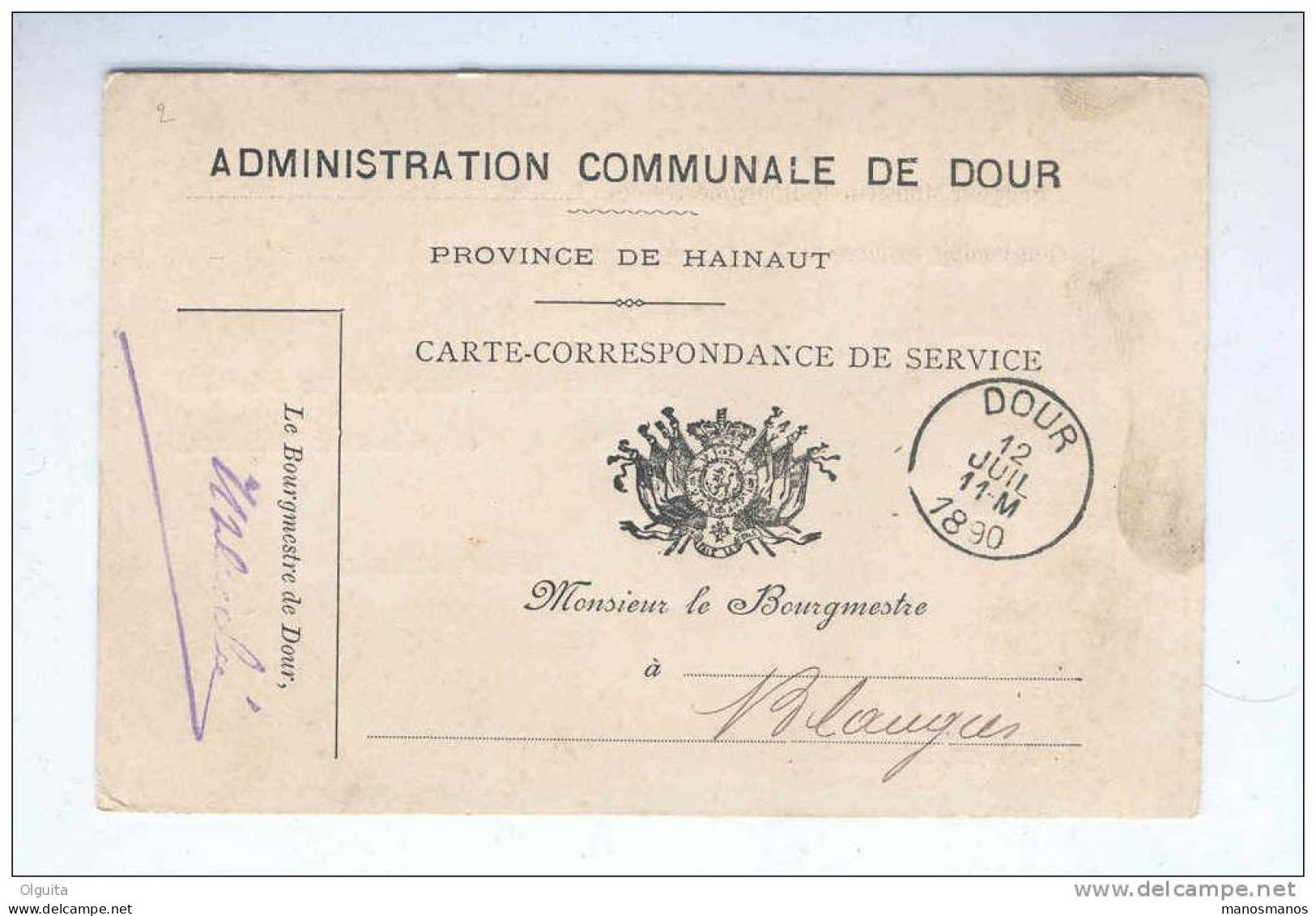 Carte De Service En FRANCHISE Administration Communale De DOUR 1890 - Signé Le Bourgmestre Desclée  --  B1/428 - Portofreiheit