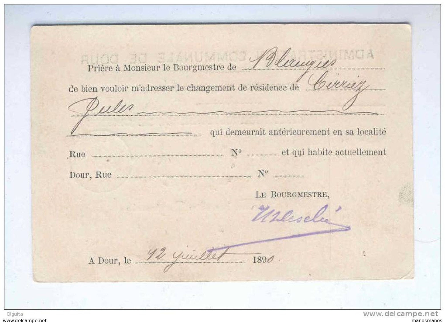 Carte De Service En FRANCHISE Administration Communale De DOUR 1890 - Signé Le Bourgmestre Desclée  --  B1/428 - Zonder Portkosten