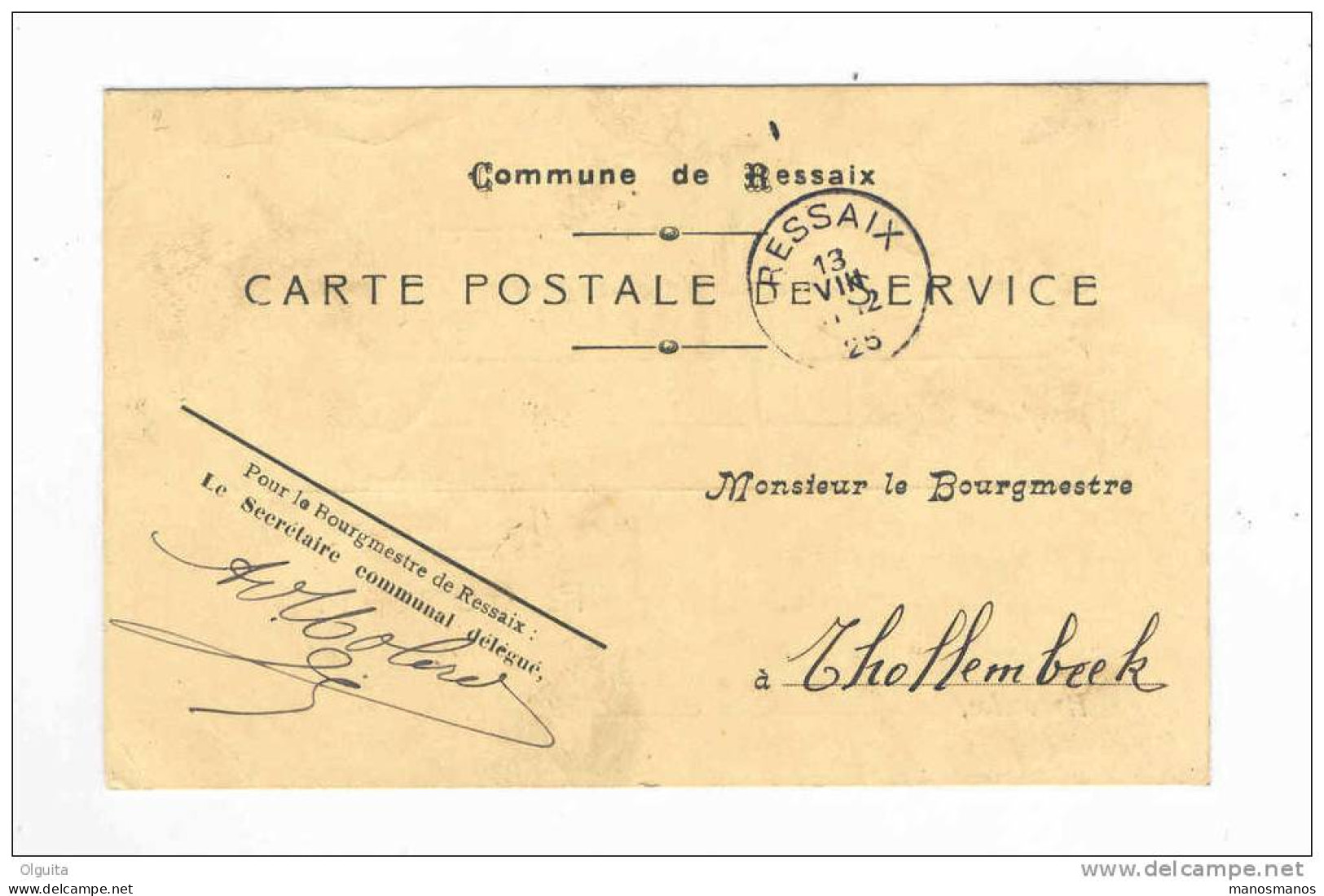 Carte De Service En FRANCHISE Commune De RESSAIX 1925 Vers THOLLEMBEEK - Le Bourgmestre F. Gobiet  --  B1/434 - Franchise