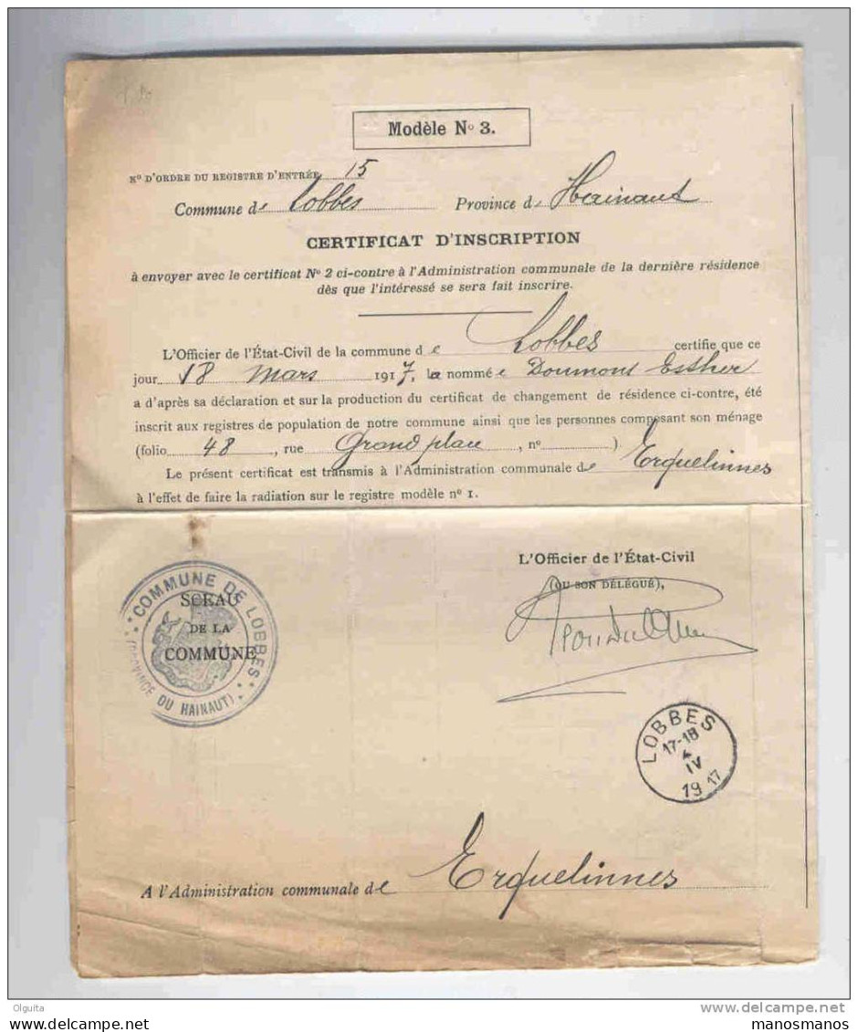 Lettre De Service En FRANCHISE - Changement De Résidence Esther Doumont - LOBBES 1917  Vers ERQUELINNES  --  B1/441 - Franchise