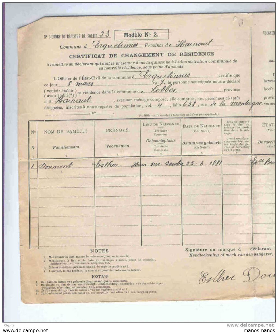 Lettre De Service En FRANCHISE - Changement De Résidence Esther Doumont - LOBBES 1917  Vers ERQUELINNES  --  B1/441 - Franchise