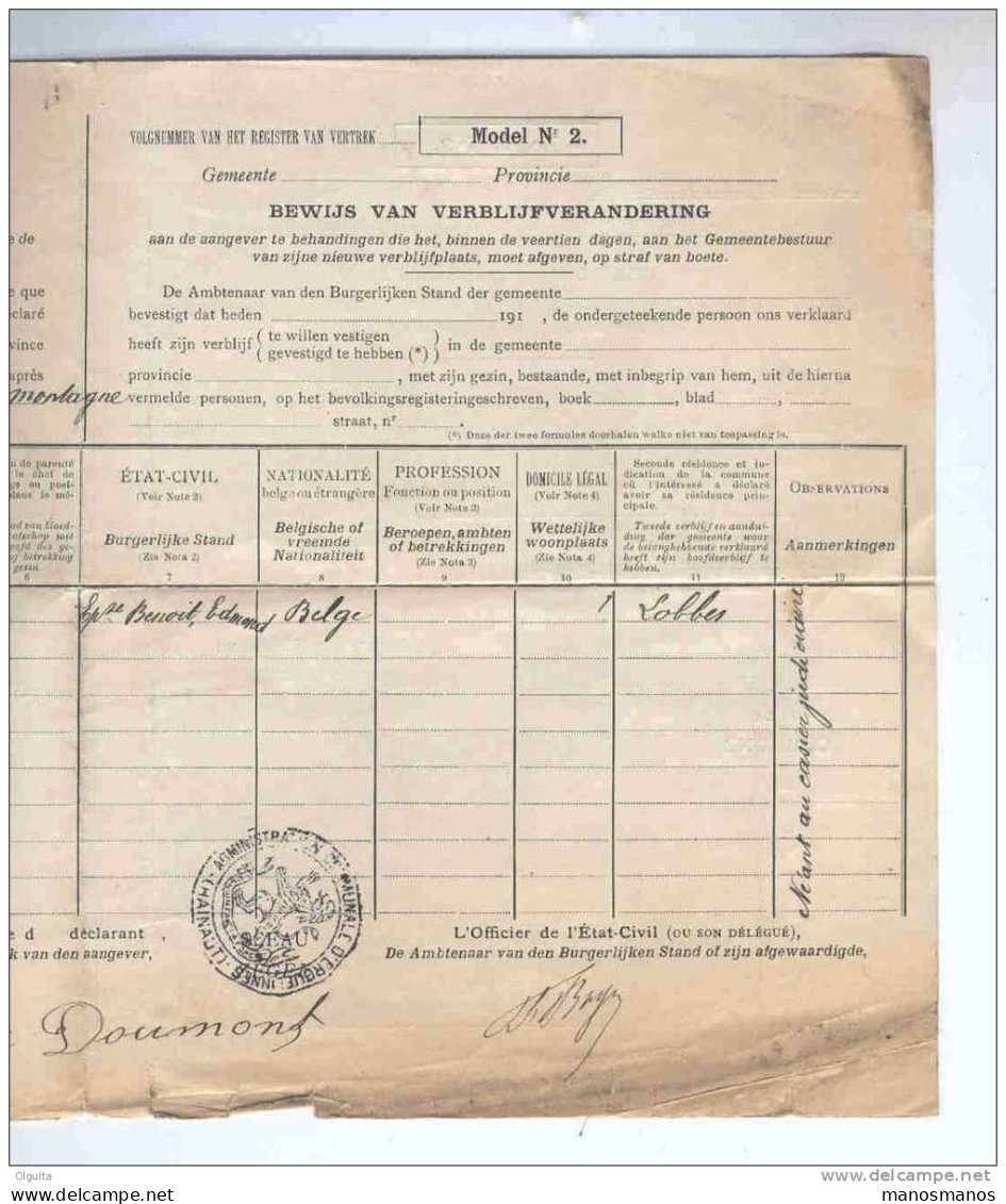 Lettre De Service En FRANCHISE - Changement De Résidence Esther Doumont - LOBBES 1917  Vers ERQUELINNES  --  B1/441 - Franchise