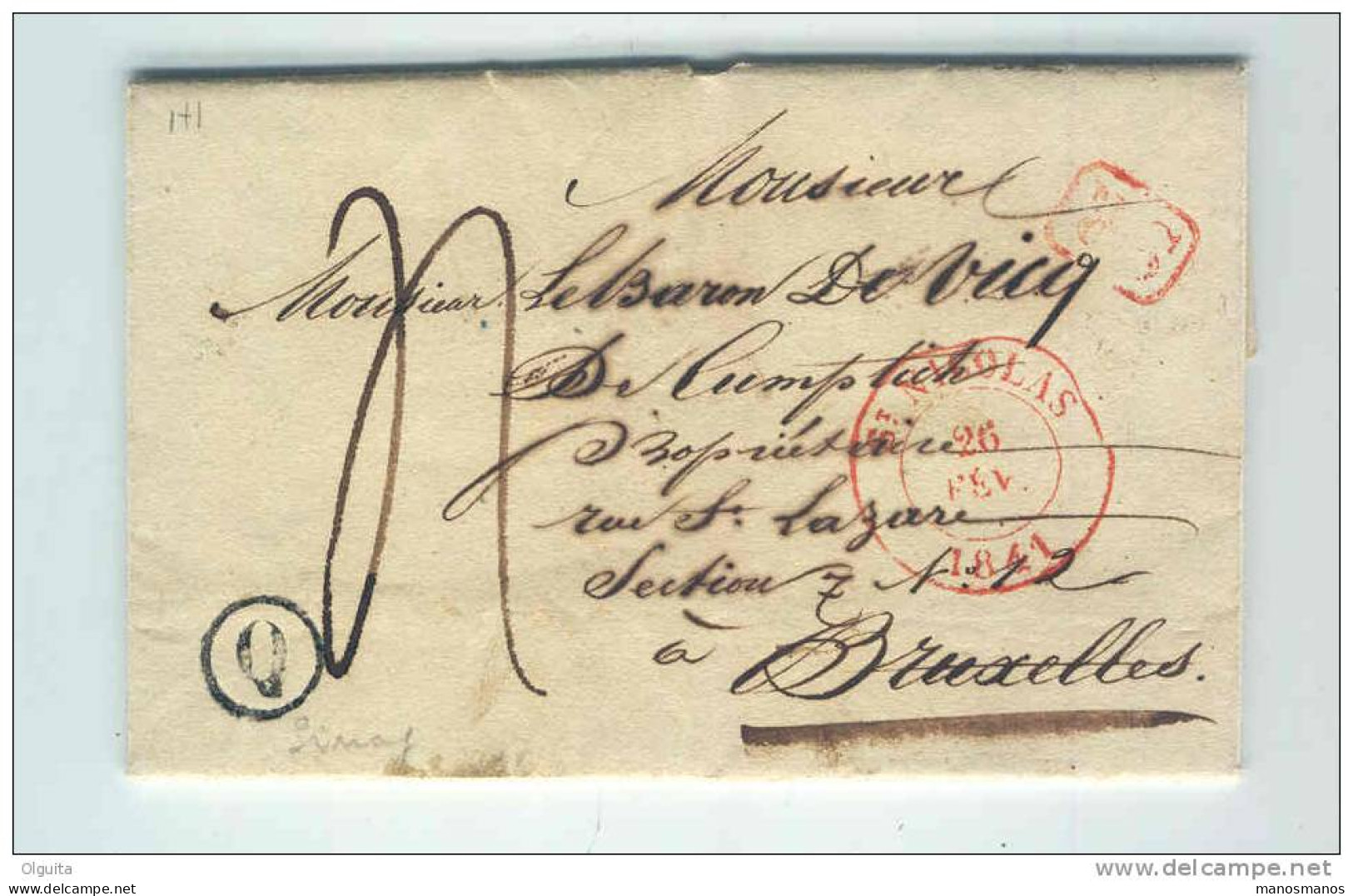 Lettre Précurseur ST NICOLAS 1841 Vers Bruxelles - Boite Rurale Q - Origine Manuscrite SINAY  -  B1/384 - Rural Post