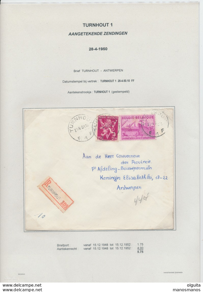 26/439 - Lettre Recommandée TP Exportation Et Lion V TURNHOUT 1950 Vers ANTWERPEN - TARIF 5 F 75 - 1948 Exportation