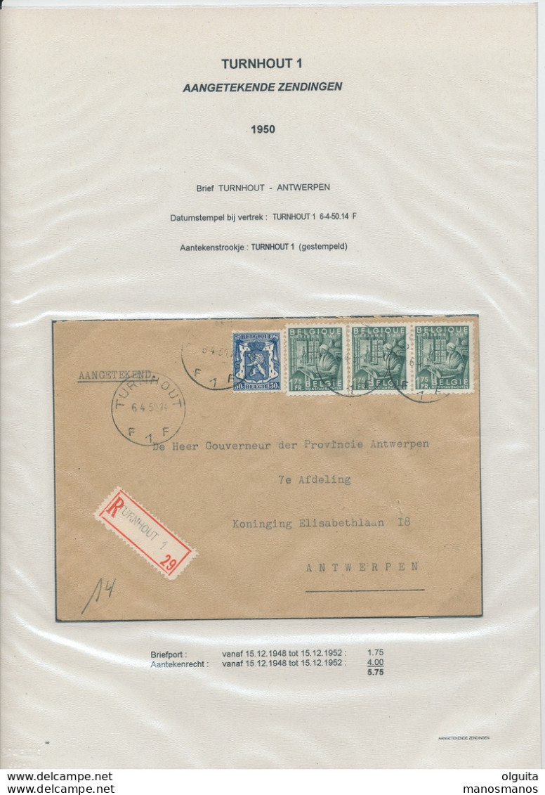 26/438 - Lettre Recommandée TP Exportation TURNHOUT 1950 Vers ANTWERPEN - TARIF 5 F 75 - 1948 Export