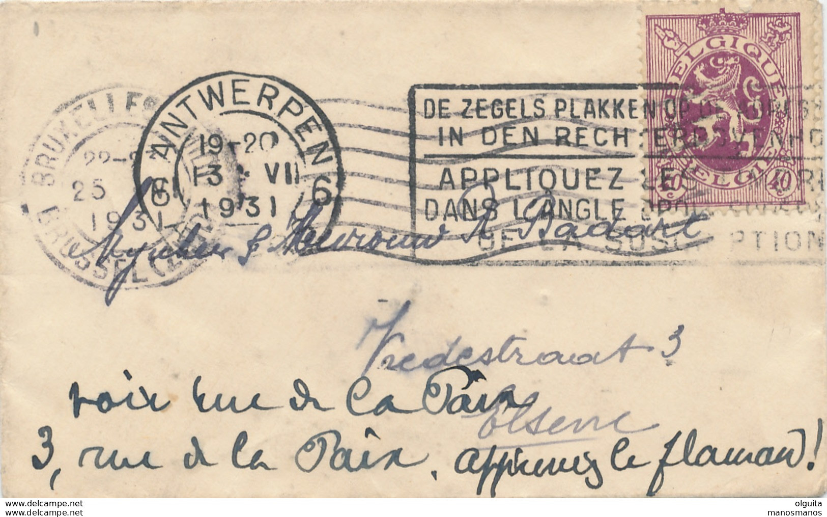 26/435 - Carte De Visite TP Lion Héraldique ANTWERPEN 1931 Vers ELSENE - TP Manuscrit Apprenez Le Flamand - 1929-1937 Leone Araldico