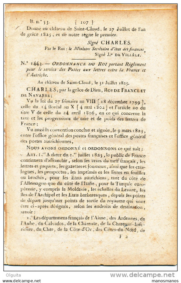 Bulletins Des Lois - Service Des Postes Entre France Et Autriche En 1825 (5 Pg) Et 1844 ( 21 Pg)  --  15/206 - Préphilatélie