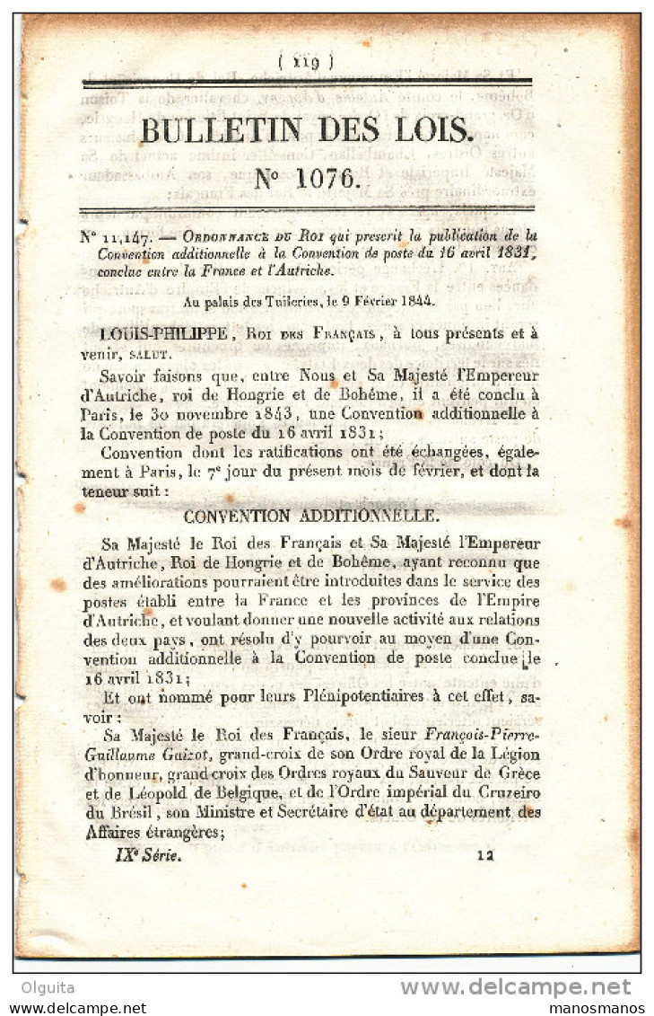 Bulletins Des Lois - Service Des Postes Entre France Et Autriche En 1825 (5 Pg) Et 1844 ( 21 Pg)  --  15/206 - Préphilatélie