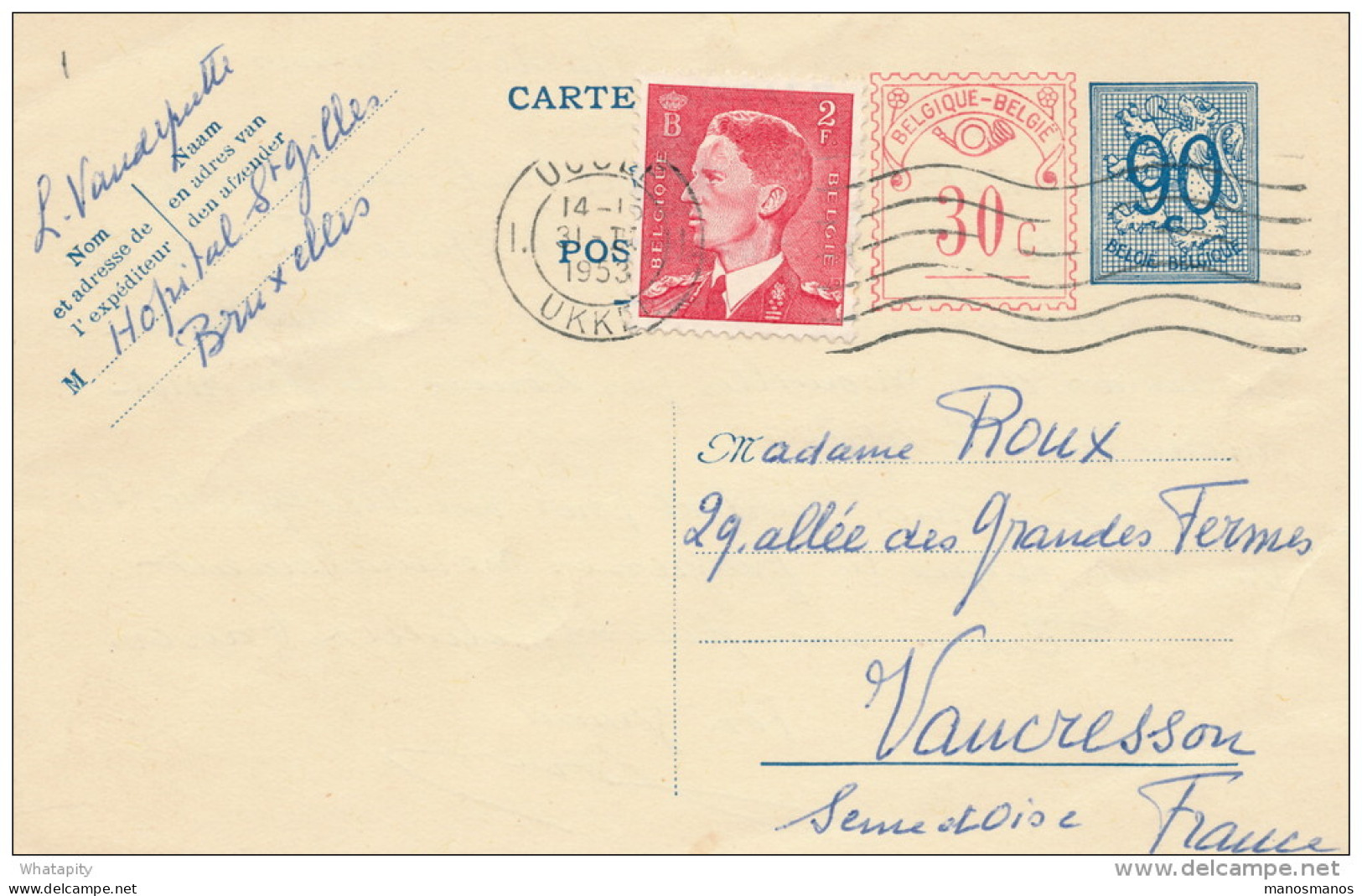 Entier Postal  Lion Héraldique + TP Baudouin De Bast UCCLE 1953 Vers VAUCRESSON France -- C0/968 - Tarjetas 1951-..