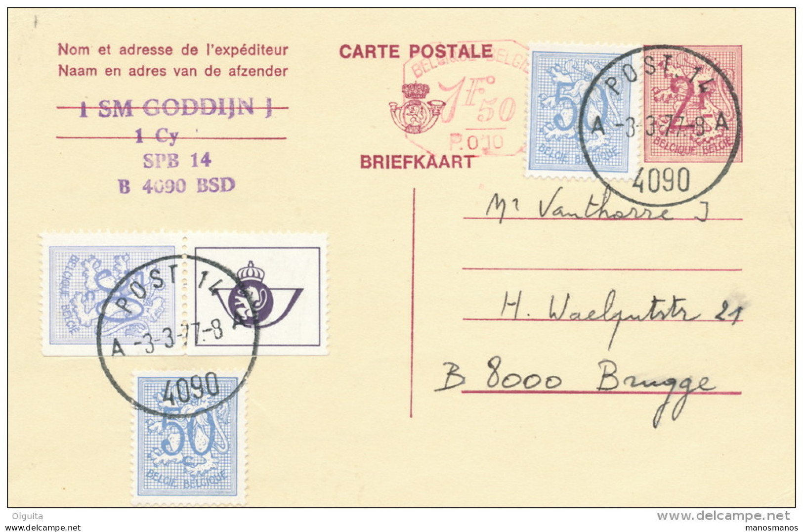 Entier Postal  Lion Héraldique + TP Dito Cachet Militaire POST14 / 4090 En 1977 -- C0/971 - Cartes Postales 1951-..