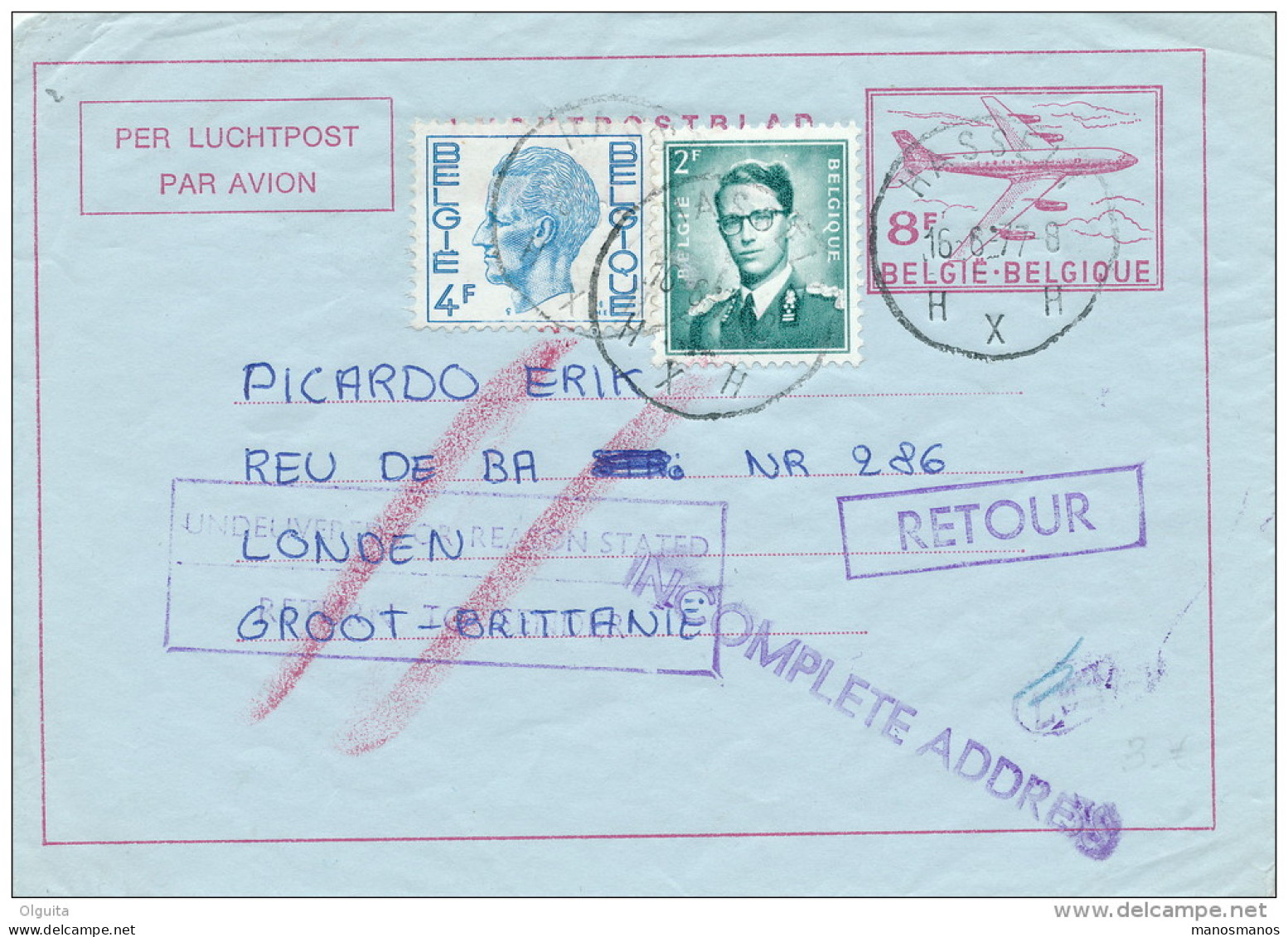 Aérogramme + TP Lunettes + TP Elstrom HASSELT 1977 Vers LONDRES UK - 3 Cachets De RETOUR - TARIF 14 F  -- C0/981 - Luchtpostbladen