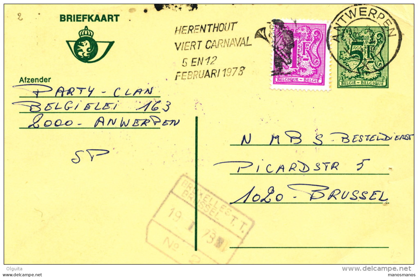 Entier Postal  Lion Héraldique + TP Dito ANTWERPEN 1979 Vers Gare BXL TT - Cachet Carnaval HERENTHOUT -- C0/973 - Briefkaarten 1951-..