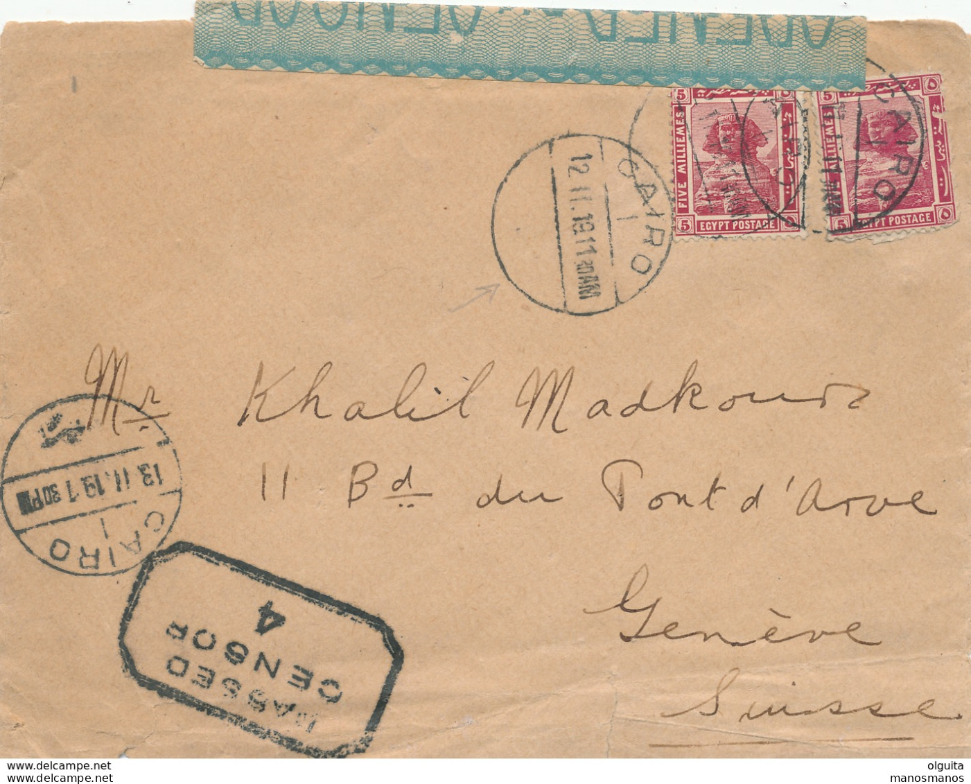 DDW 002 -- EGYPT WWI CENSORSHIP -  Envelope CAIRO 1919 To Suisse - Black Censor 4 (Type C3c) - 1915-1921 Protectorat Britannique