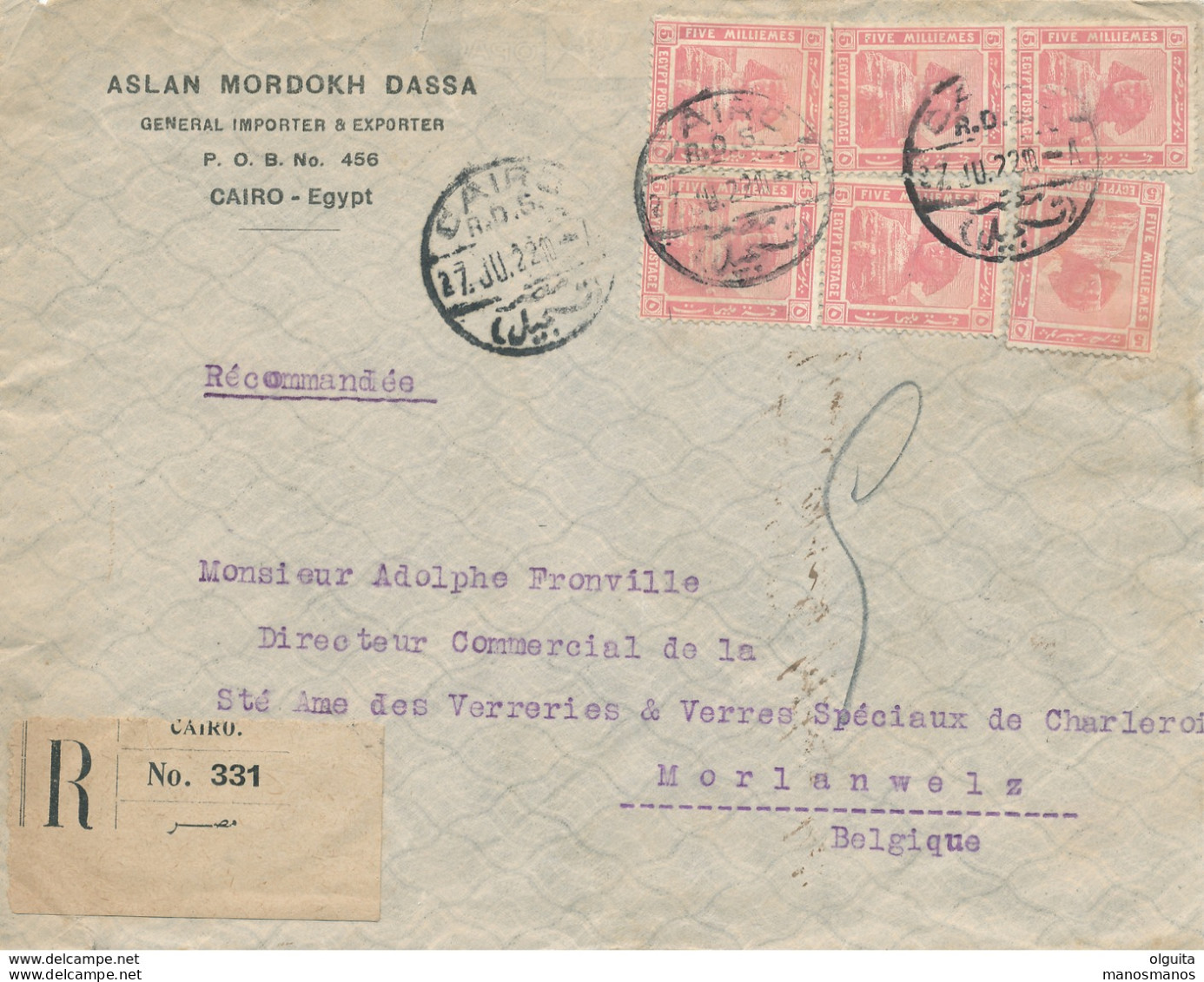 779/30 -- EGYPT DeLaRue '14 REGISTERED - Cover Franked 30 Mills CAIRO 1922 To Belgium - Registration Label - 1915-1921 Britischer Schutzstaat