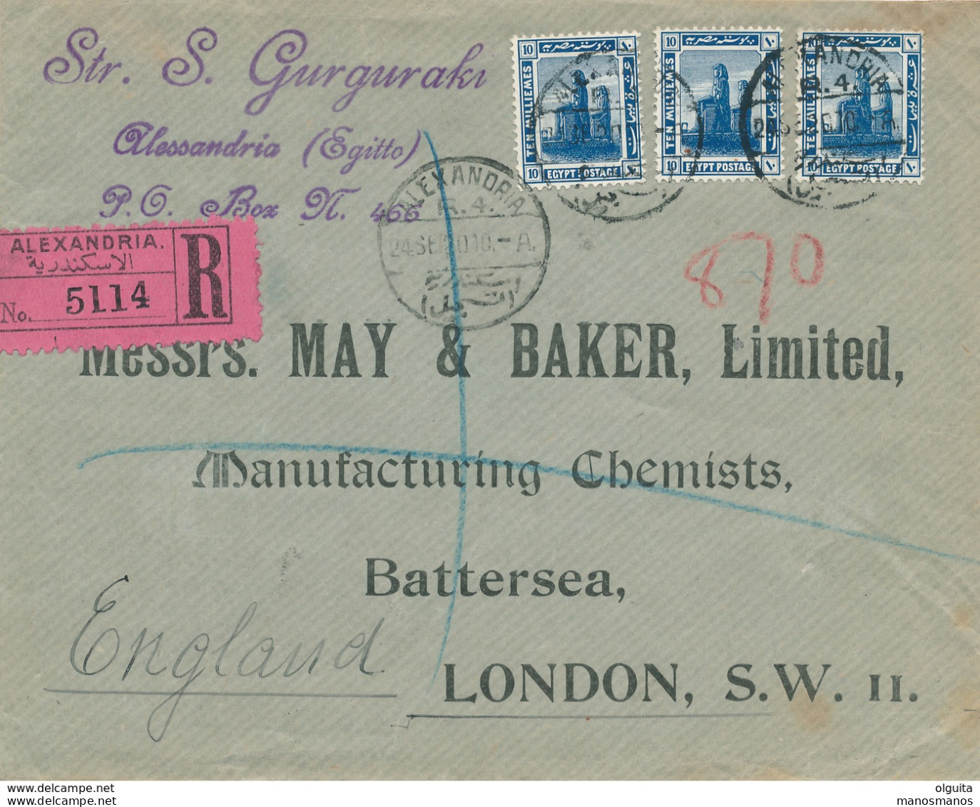 781/30 -- EGYPT DeLaRue '14 REGISTERED - Cover Franked 30 Mills ALEX 1920 To UK - Registration Label - 1915-1921 Protettorato Britannico