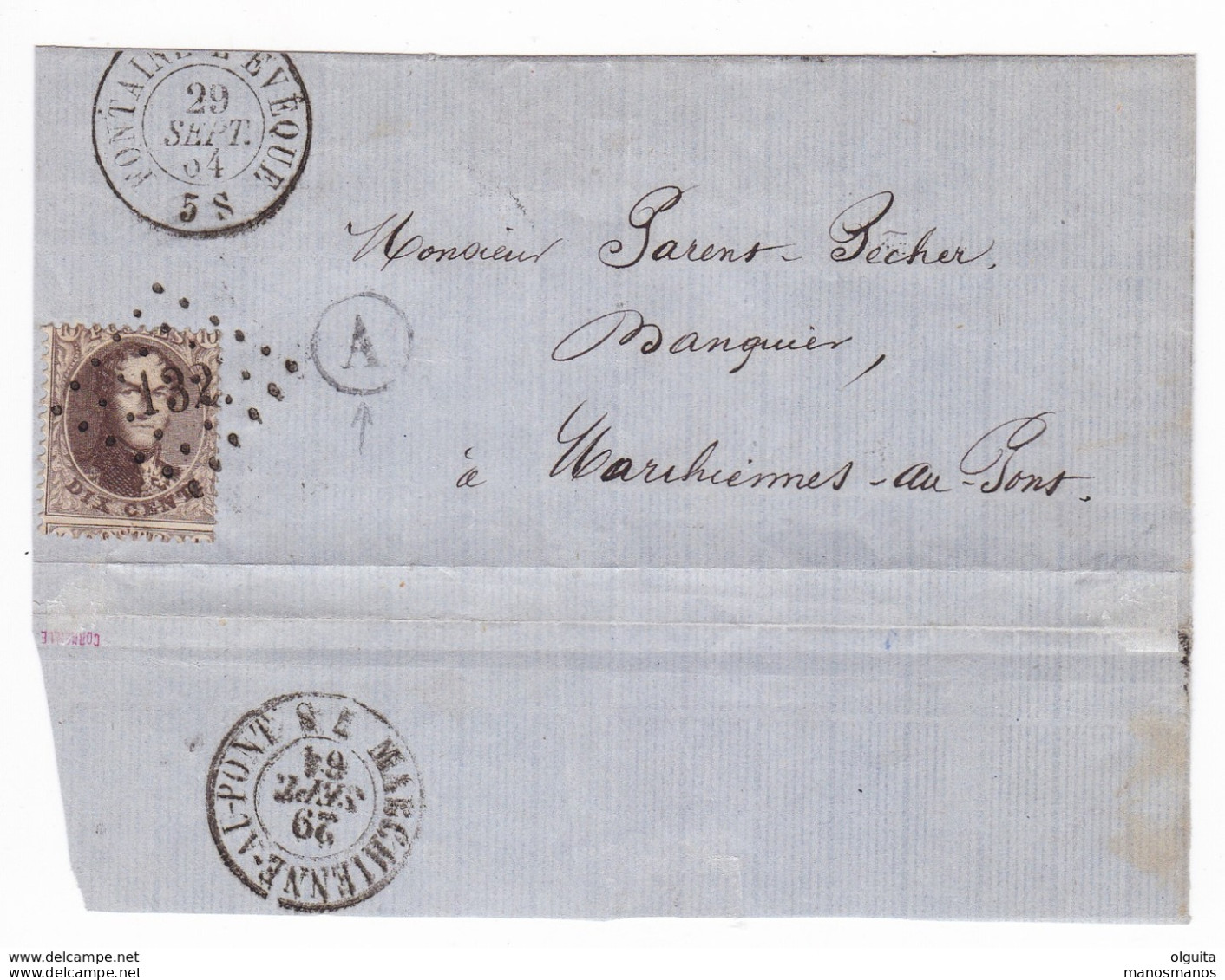 781/29 -- Partie De Lettre TP 14  Points 132 FONTAINE L' EVEQUE 1864 - Boite Rurale A -  ANDERLUES Selon Porignon - Correo Rural