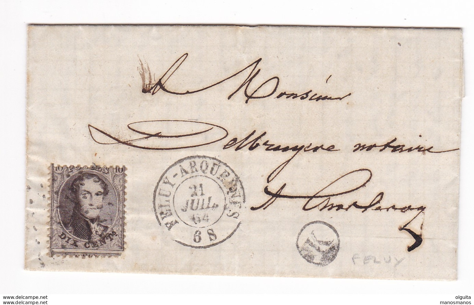 780/29 -- Lettre Avec Contenu TP 14  Points 124 FELUY ARQUENNES 1864 - Boite Rurale K De FELUY - Notaire Dumortier - Rural Post