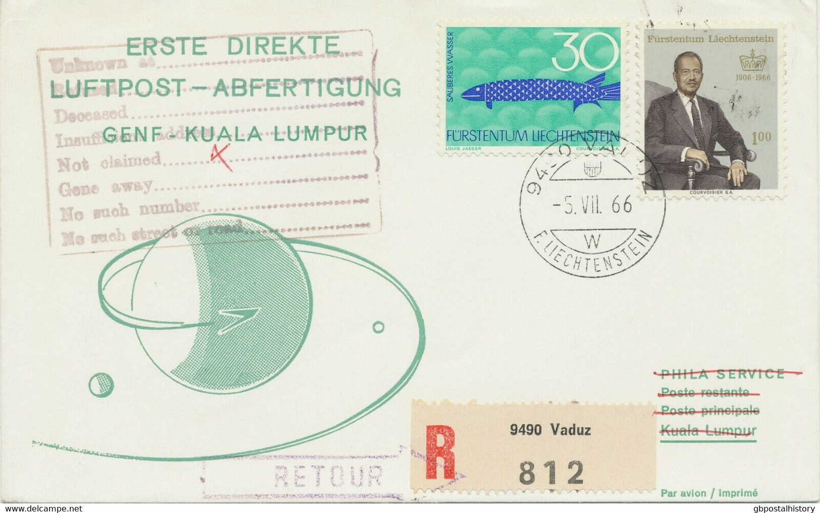 LIECHTENSTEIN 1966 Selt. Mitläuferpost Der SWISSAIR GENF - KUALA LUMPUR Malaysia - Posta Aerea