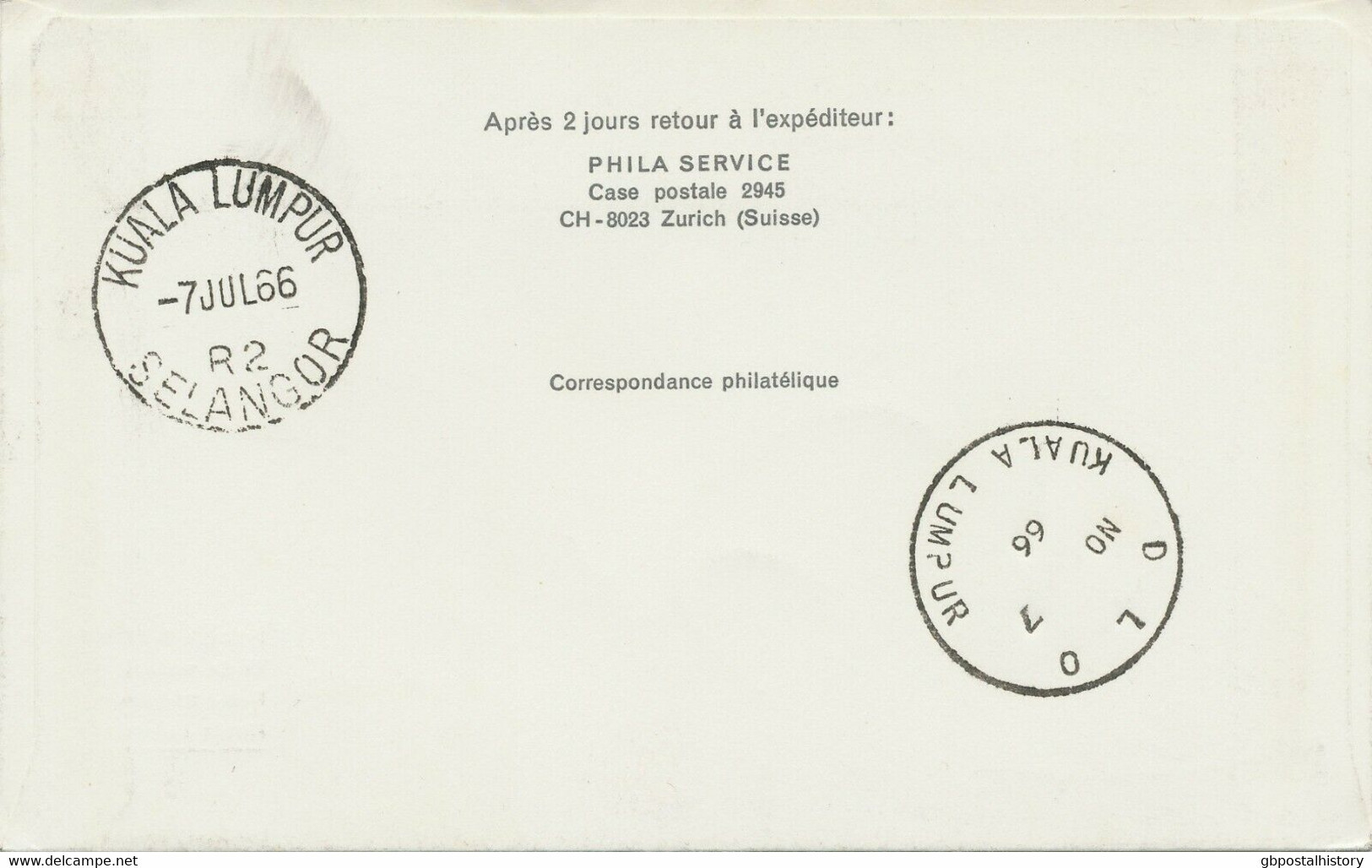 LIECHTENSTEIN 1966 Selt. Mitläuferpost Der SWISSAIR GENF - KUALA LUMPUR Malaysia - Poste Aérienne