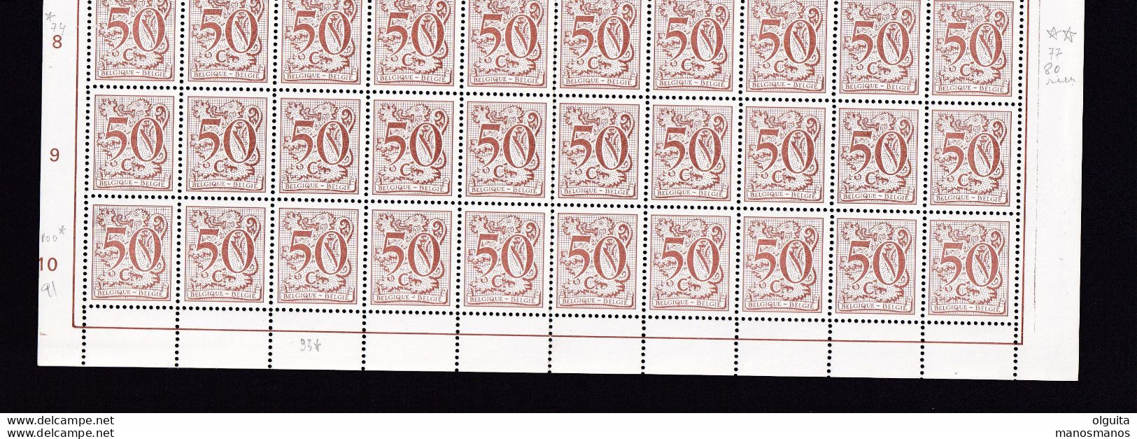 387B/30 -- Lion Héraldique 50 C 1958 - Feuille Complète De 100 Exemplaires., Nombreuses Variétés Luppi Repérées. - 1977-1985 Cijfer Op De Leeuw