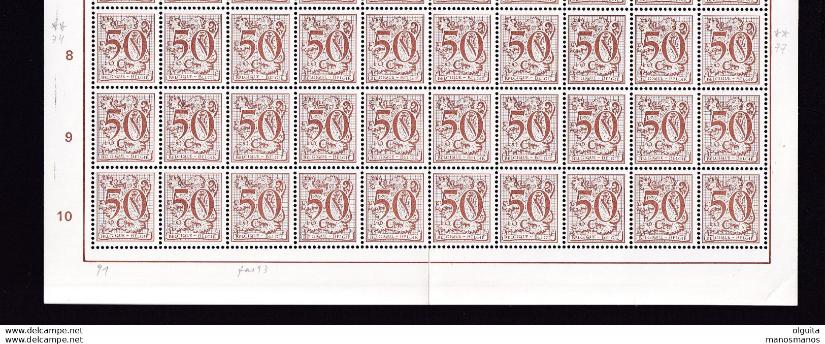 387A/30 -- Lion Héraldique 50 C 1958 - Feuille Complète De 100 Exemplaires., Nombreuses Variétés Luppi Repérées. - 1977-1985 Cijfer Op De Leeuw