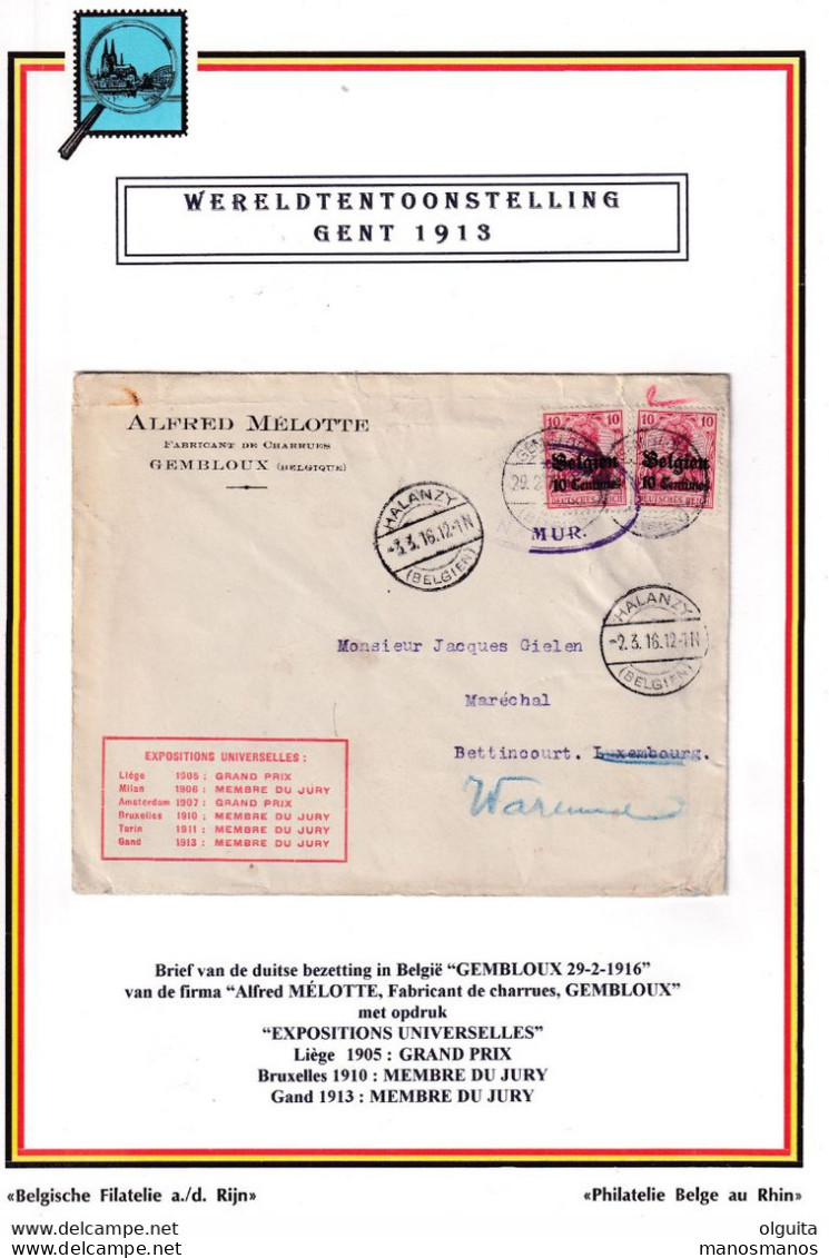 DDZ 687 - BELGIUM International Exhibition LIEGE 1905 § Others - Enveloppe TP Germania GEMBLOUX 1916 - Alfred Melotte - 1905 – Luik (België)