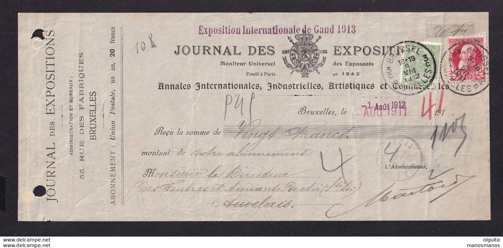 DDZ 688 - BELGIUM International Exhibition GAND 1913 - Reçu BXL 1912 Du Journal Des Expositions - Présenté 2 Fois - Otros & Sin Clasificación