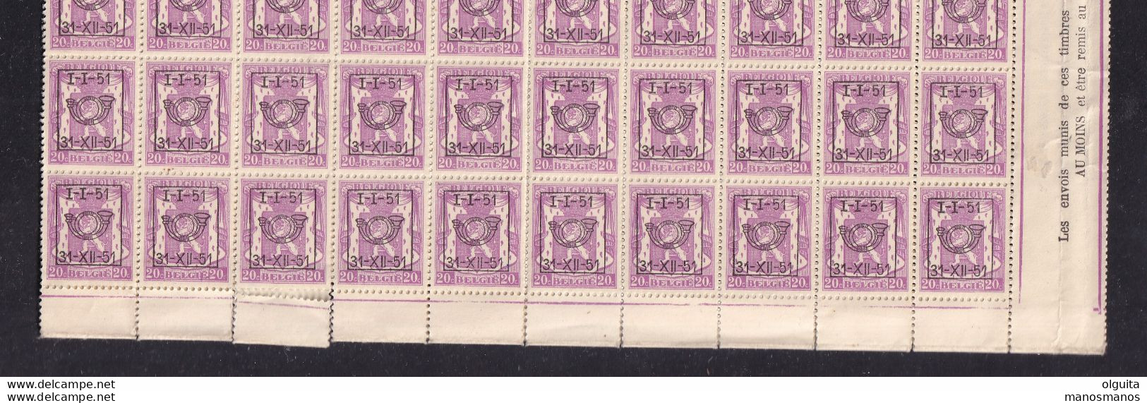 DT878 -- Ensemble De 3 Panneaux Attenants De 100 Timbres PREO Petit Sceau 1951 - Cote COB 105 Euros- Difficile à Trouver - Tipo 1936-51 (Sigillo Piccolo)