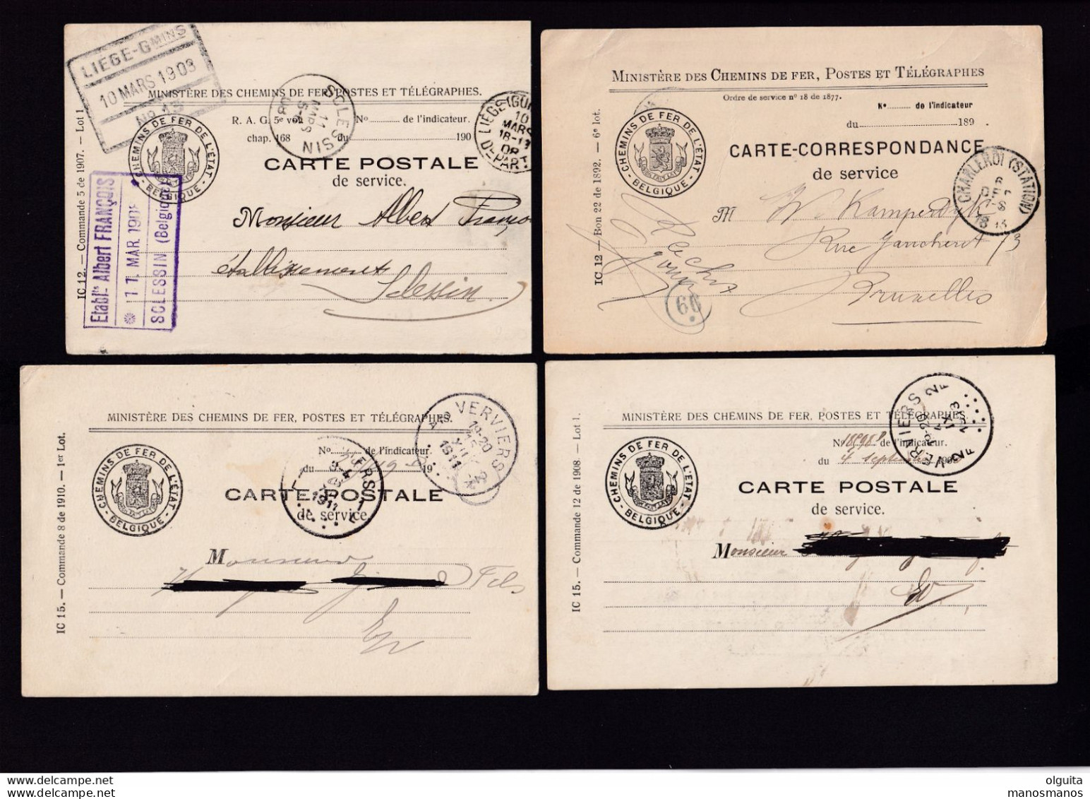 DDZ 258 - Chemins De Fer Etat - Petit Ensemble De 8 Cartes De Service Circulées 1893/1913 + 1 Avec REPONSE OSTENDE - Documents & Fragments