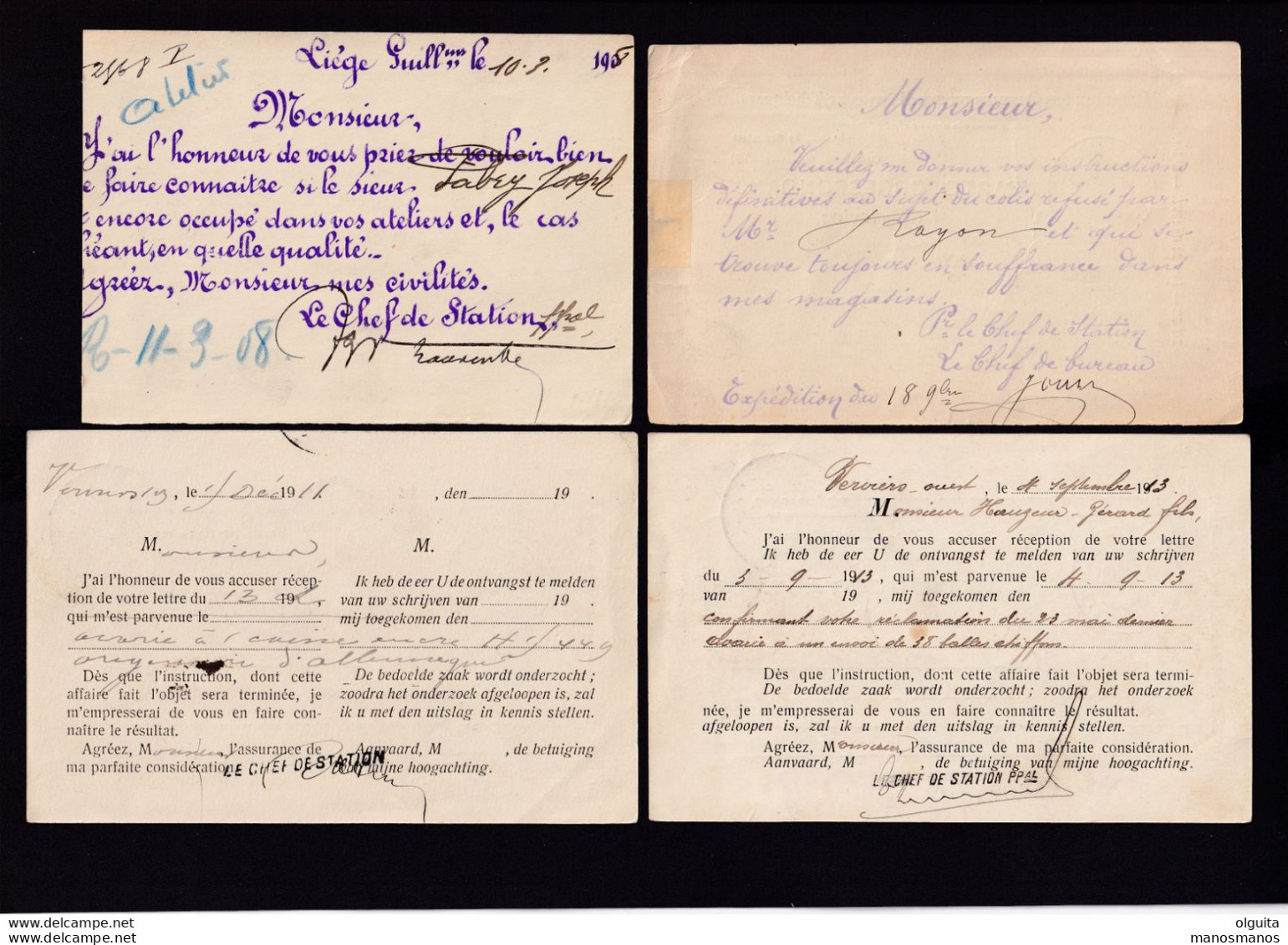 DDZ 258 - Chemins De Fer Etat - Petit Ensemble De 8 Cartes De Service Circulées 1893/1913 + 1 Avec REPONSE OSTENDE - Documents & Fragments