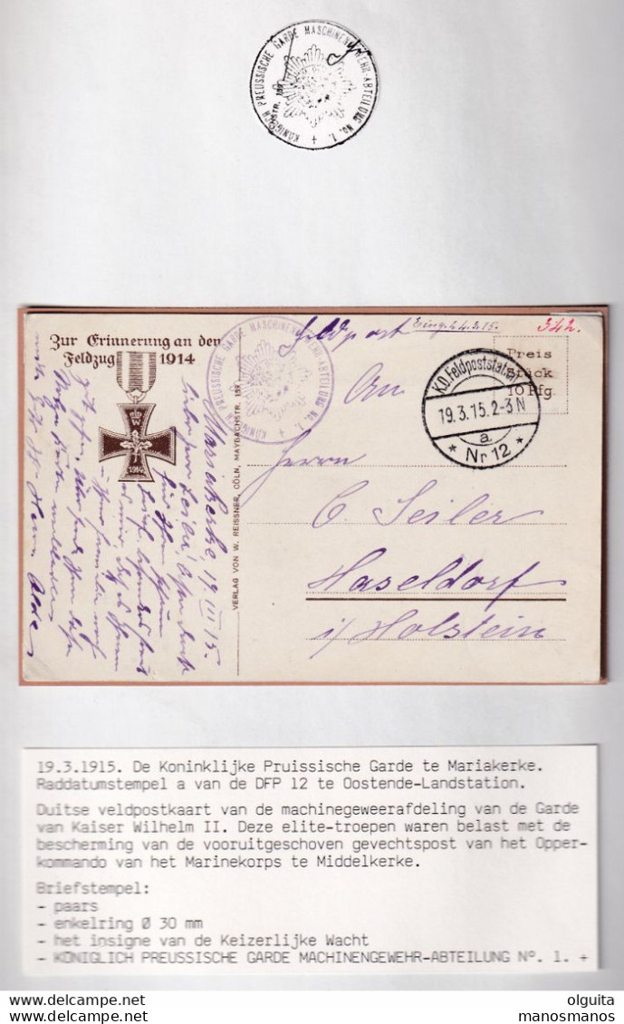 DDX 758 --  Koning. Preussische Garde Maschinegewehr Abt. - Carte En Feldpost 1915 - à MARIAKERKE Et MIDDELKERKE - OC26/37 Etappengebied.