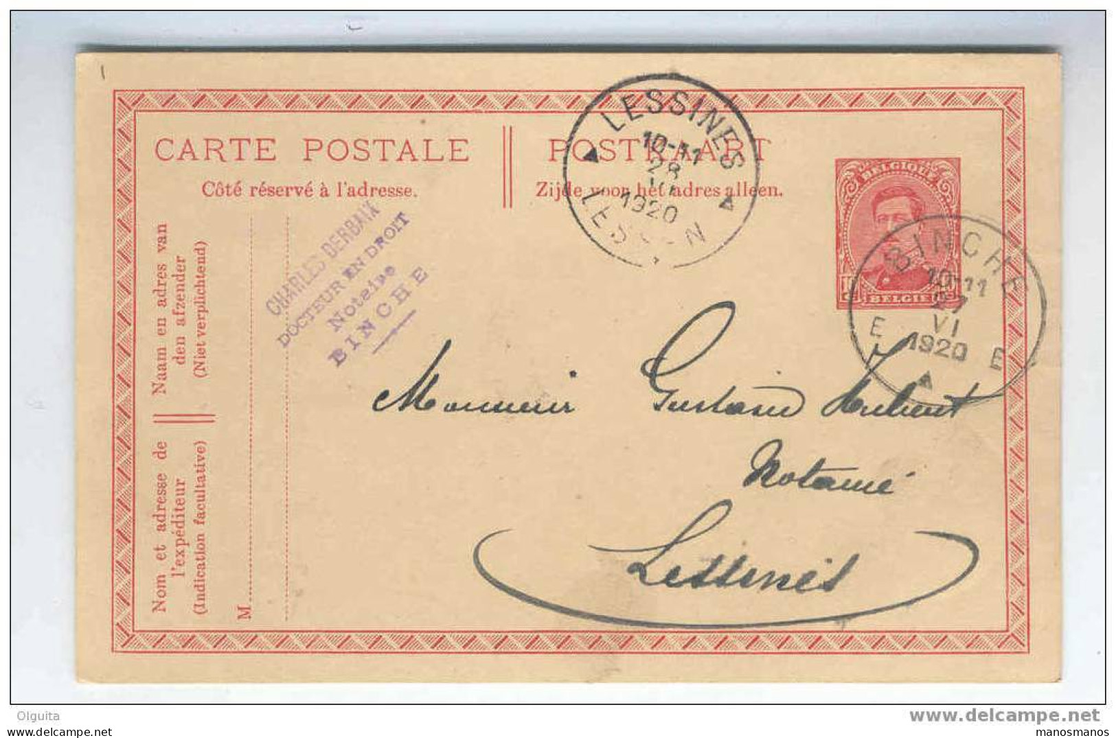 Entier Albert 15 BINCHE 1920 Vers Notaire à LESSINES - Cachet Privé Notaire Derbaix  --  6/279 - Postcards 1909-1934