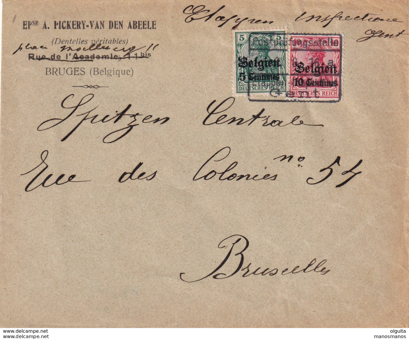 DDX 690 - Enveloppe TP Germania - Censure Etapes GENT 1916 Vers BXL - Entete Dentelles Véritables Pickery-Van Den Abeele - OC26/37 Territoire Des Etapes