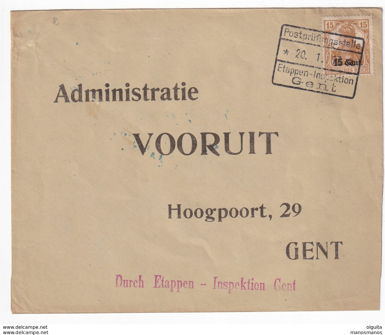 DDX 692 - Enveloppe TP Germania - Censure Etapes GENT 1916 + Grande Censure Verso - Origine Volksrecht KORTRIJK - OC26/37 Etappengebiet