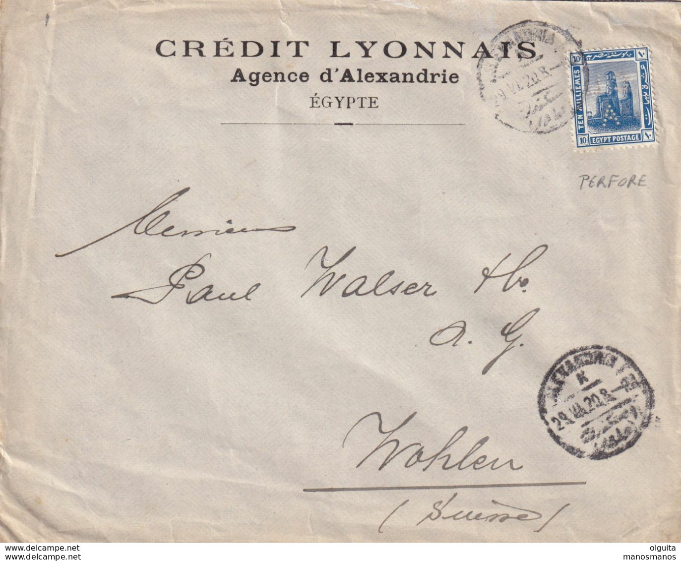 DDX 524 -- EGYPT PERFINS - Cover Franked ALEXANDRIA 1920 To Suisse - PERFIN Stamp C.L.A. Crédit Lyonnais Alexandrie - 1915-1921 Britischer Schutzstaat