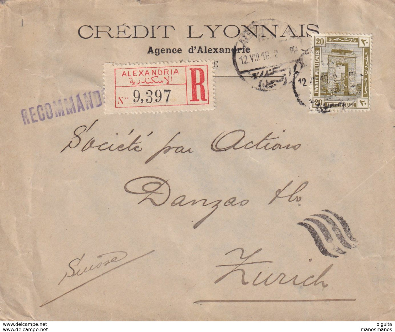 DDX 525 -- EGYPT PERFINS - RegisteredCENSORED Cover ALEXANDRIA1916 To Suisse - PERFIN Stamp C.L.A. Crédit Lyonnais Alex. - 1915-1921 Protettorato Britannico