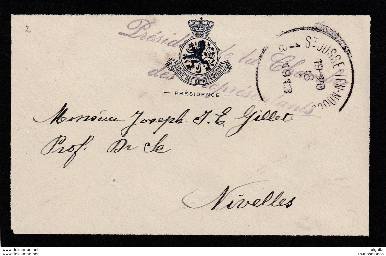 DDX 568 - Enveloppe De Deuil En FRANCHISE - ST JOSSE TEN NOODE 1913 - Entete Et Griffe Présidence De La Chambre - Franchise