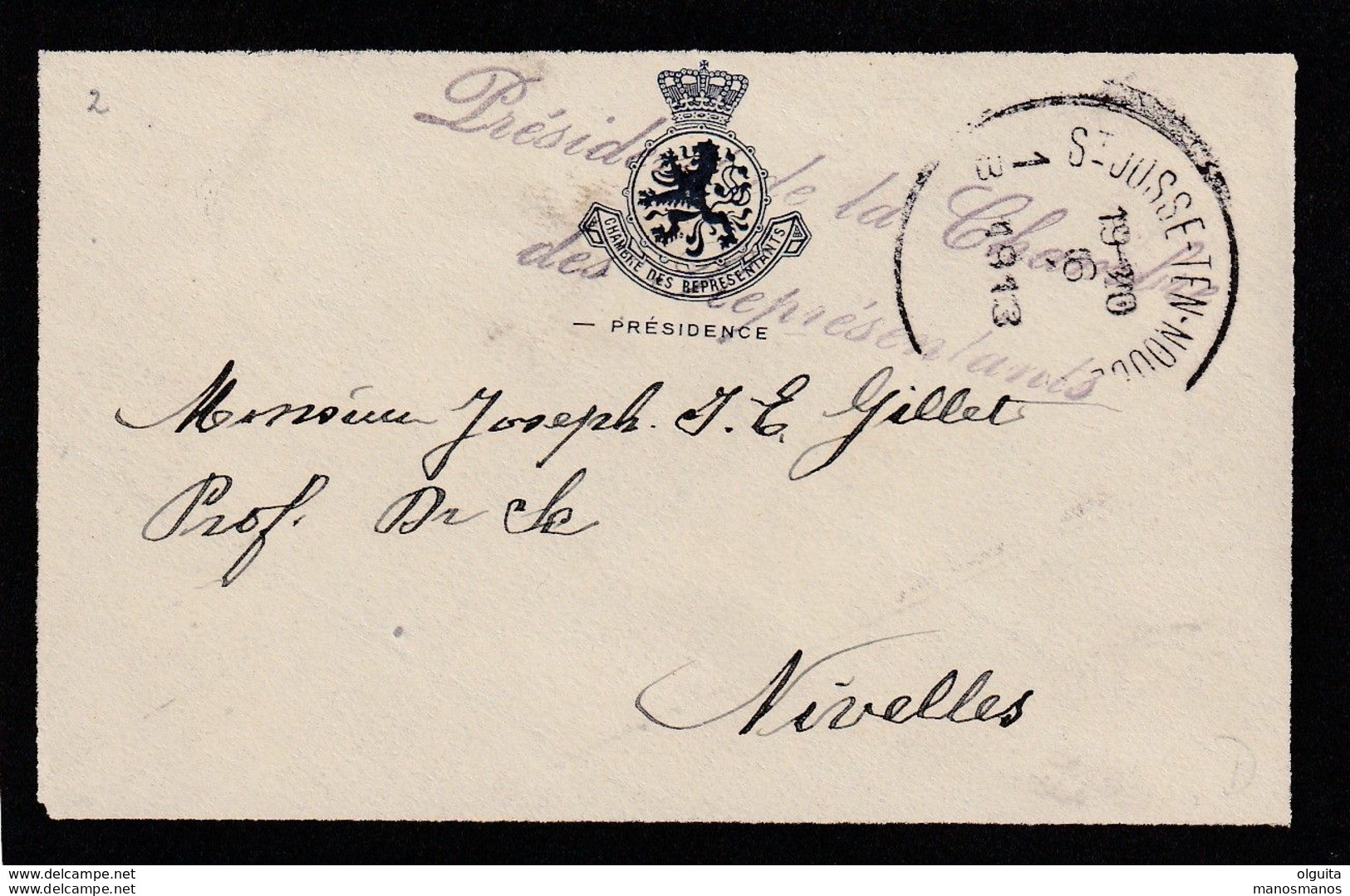 DDX 568 - Enveloppe De Deuil En FRANCHISE - ST JOSSE TEN NOODE 1913 - Entete Et Griffe Présidence De La Chambre - Zonder Portkosten