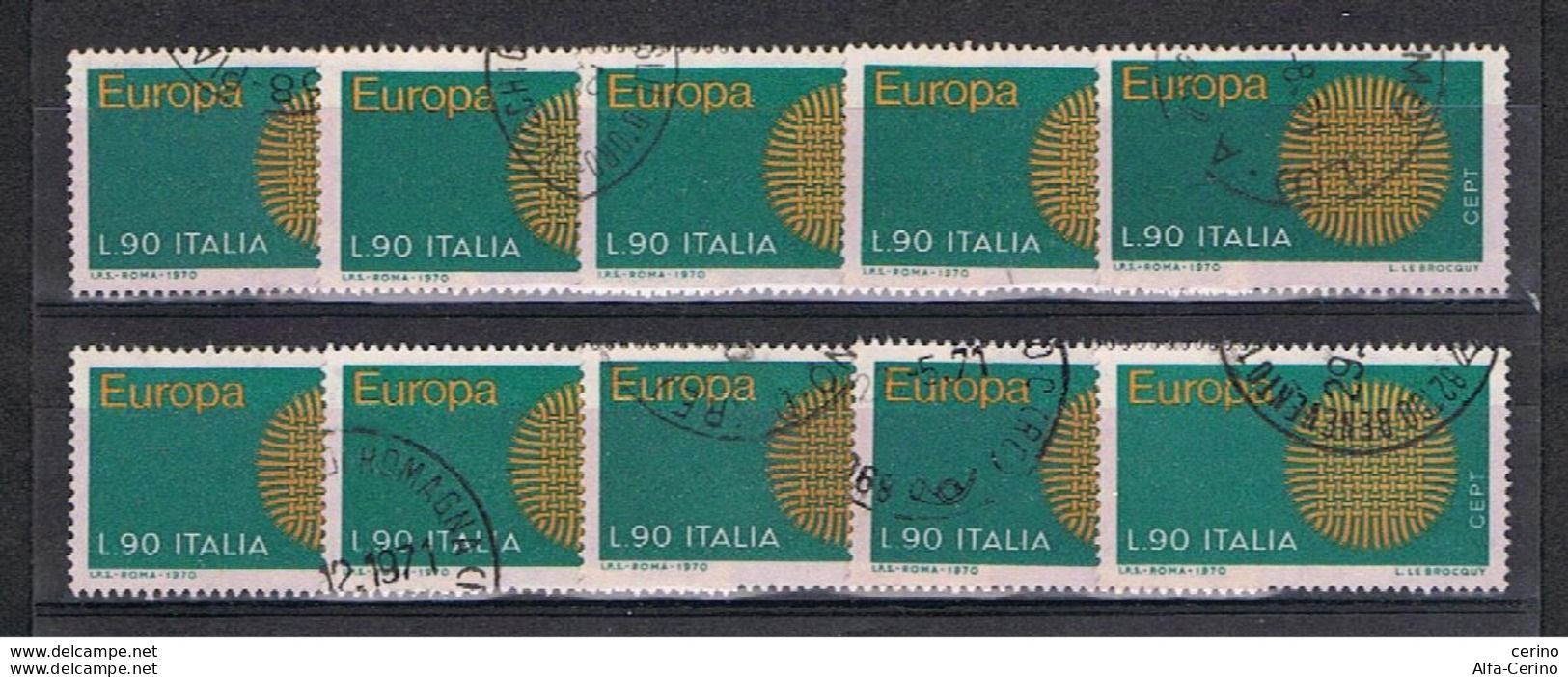 REPUBBLICA:  1970  EUROPA  CEPT  -  £. 90  VERDE  E  GIALLO  US. -  RIPETUTO  10  VOLTE  -  SASS. 1123 - 1970