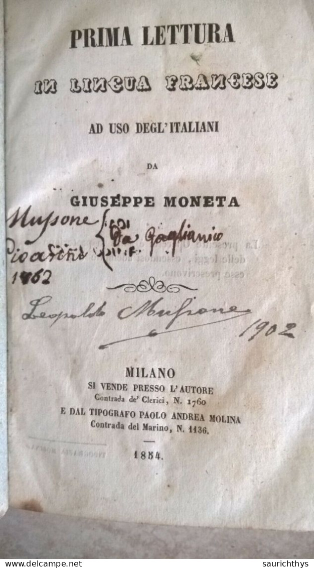 Prima Lettura In Lingua Francese All'uso Degl'italiani Di Giuseppe Moneta 1854 - Libri Antichi