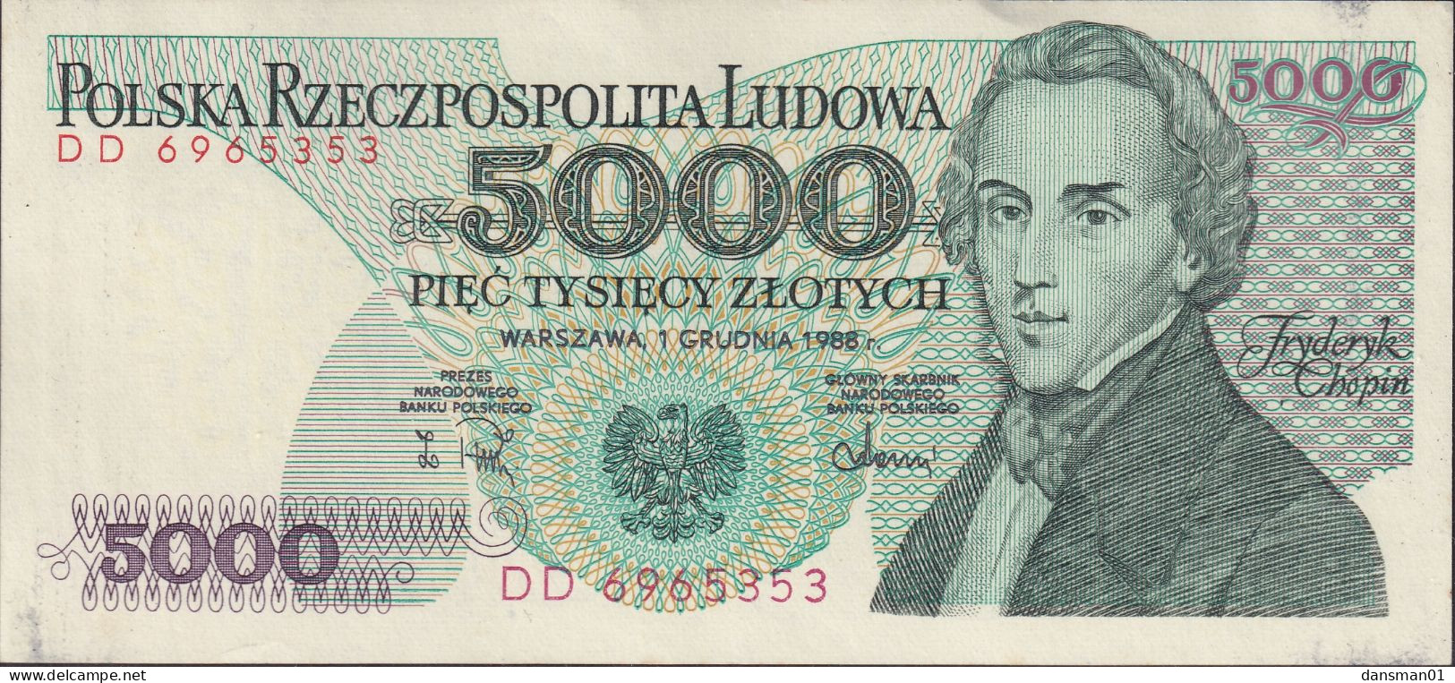 POLAND 1988 5000zl Banknote DD 6965353 Uncirculated - Pologne