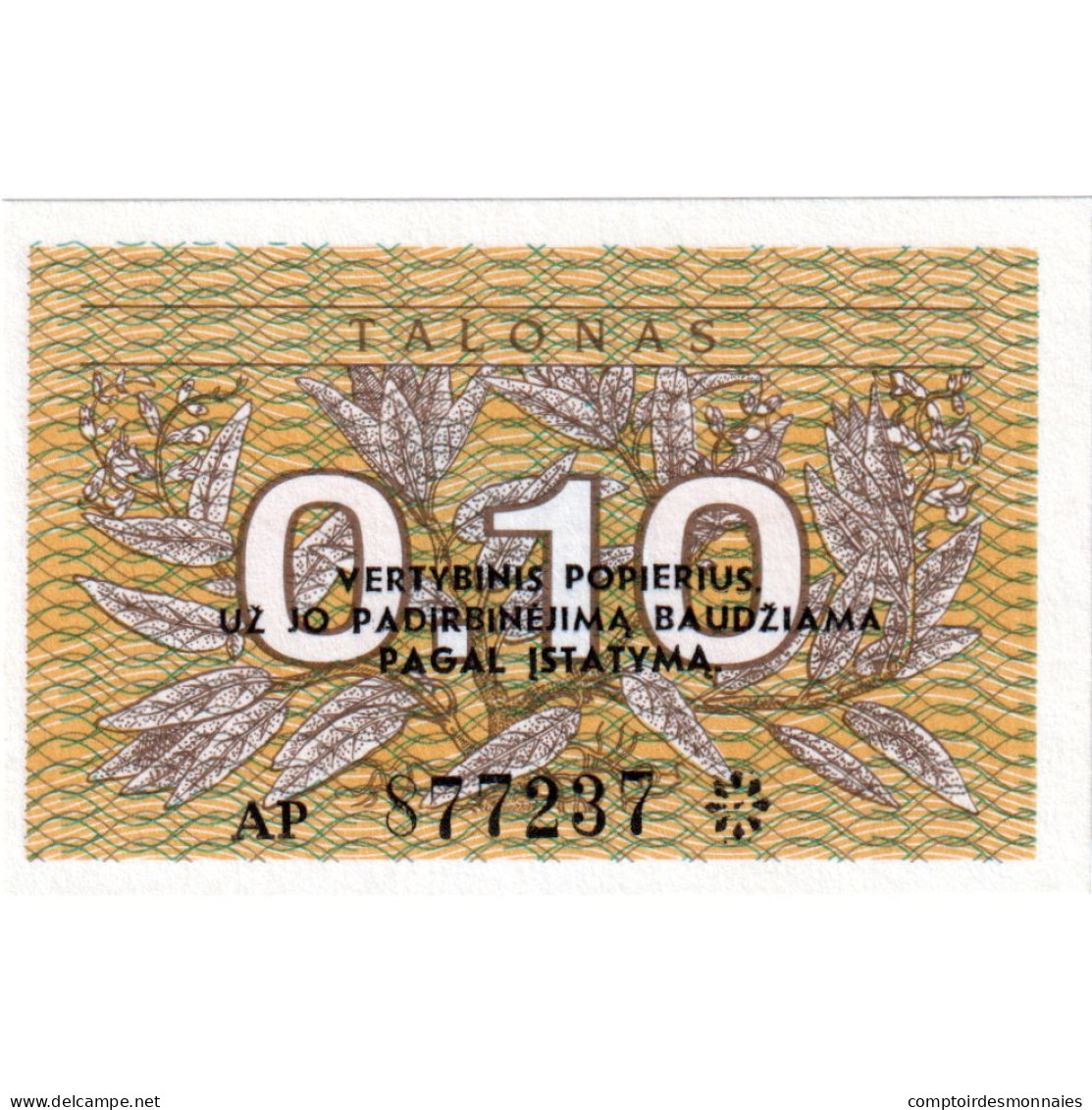 Billet, Lituanie, 0.10 Talonas, 1991-1993, KM:29b, NEUF - Lituanie