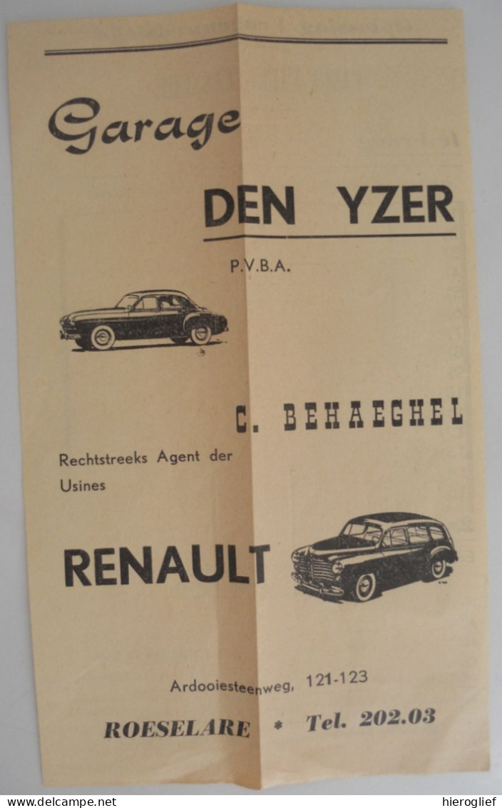 Flyer ROESELARE Jaren '50 Fancy-Fair - Tassche / Garage DEN YZER C. Behaeghel RENAULT - Pubblicitari