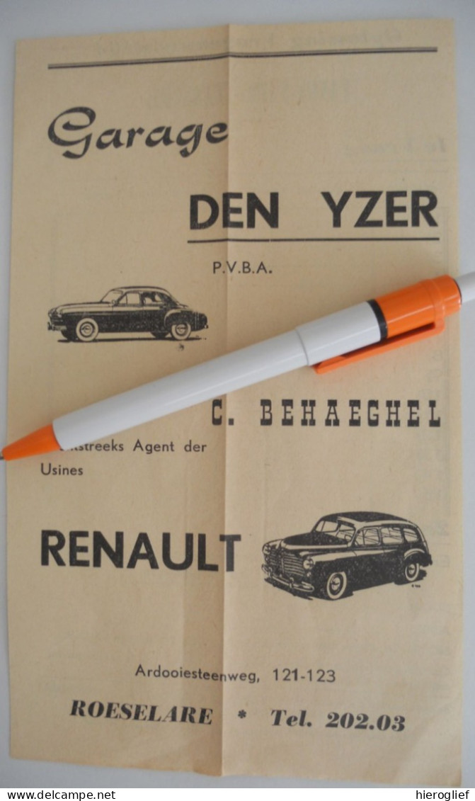 Flyer ROESELARE Jaren '50 Fancy-Fair - Tassche / Garage DEN YZER C. Behaeghel RENAULT - Pubblicitari