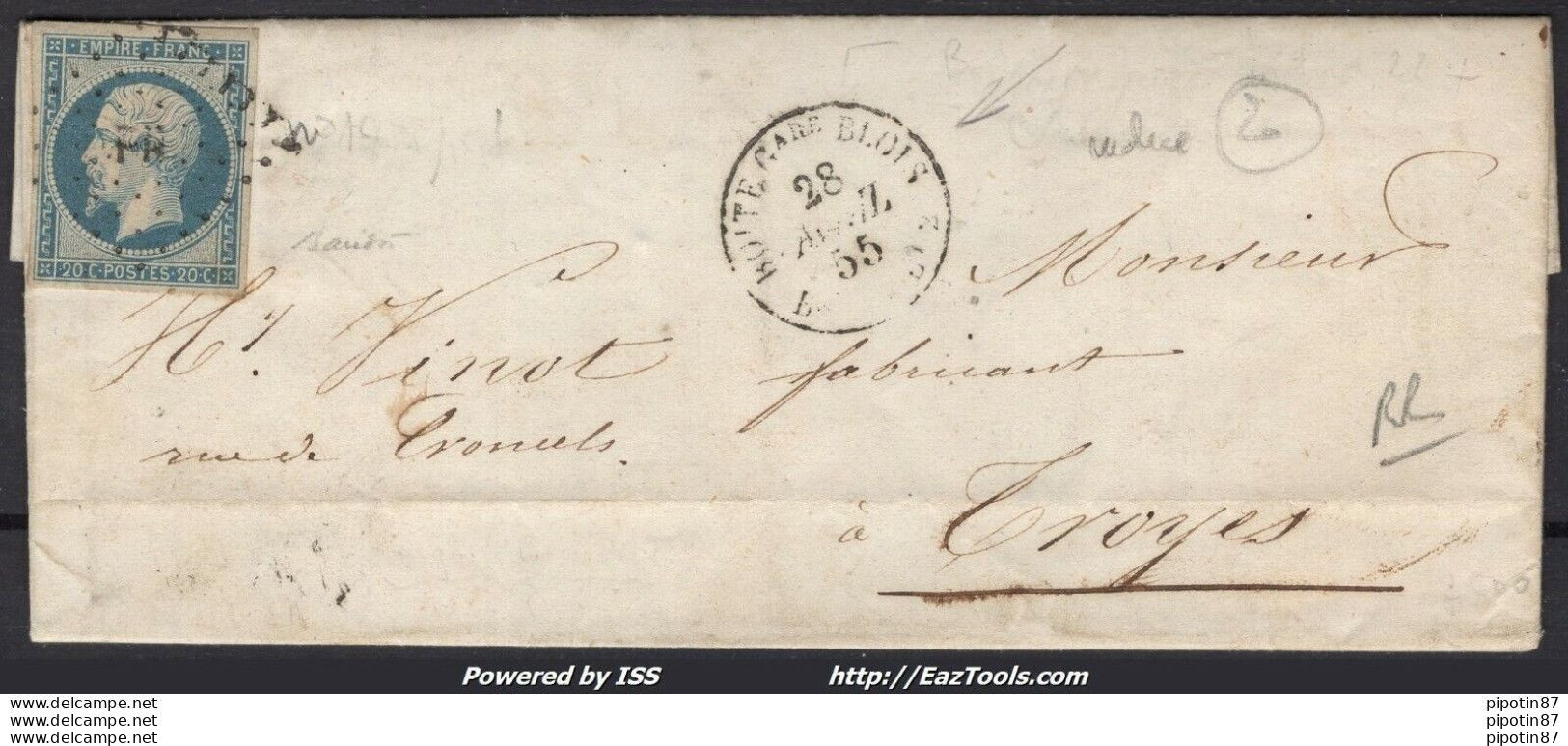 FRANCE N°14A SUR LETTRE AVEC CAD BOITE GARE DE BLOIS Bau AMBT 2 DU 28/04/1855 RR - 1853-1860 Napoléon III