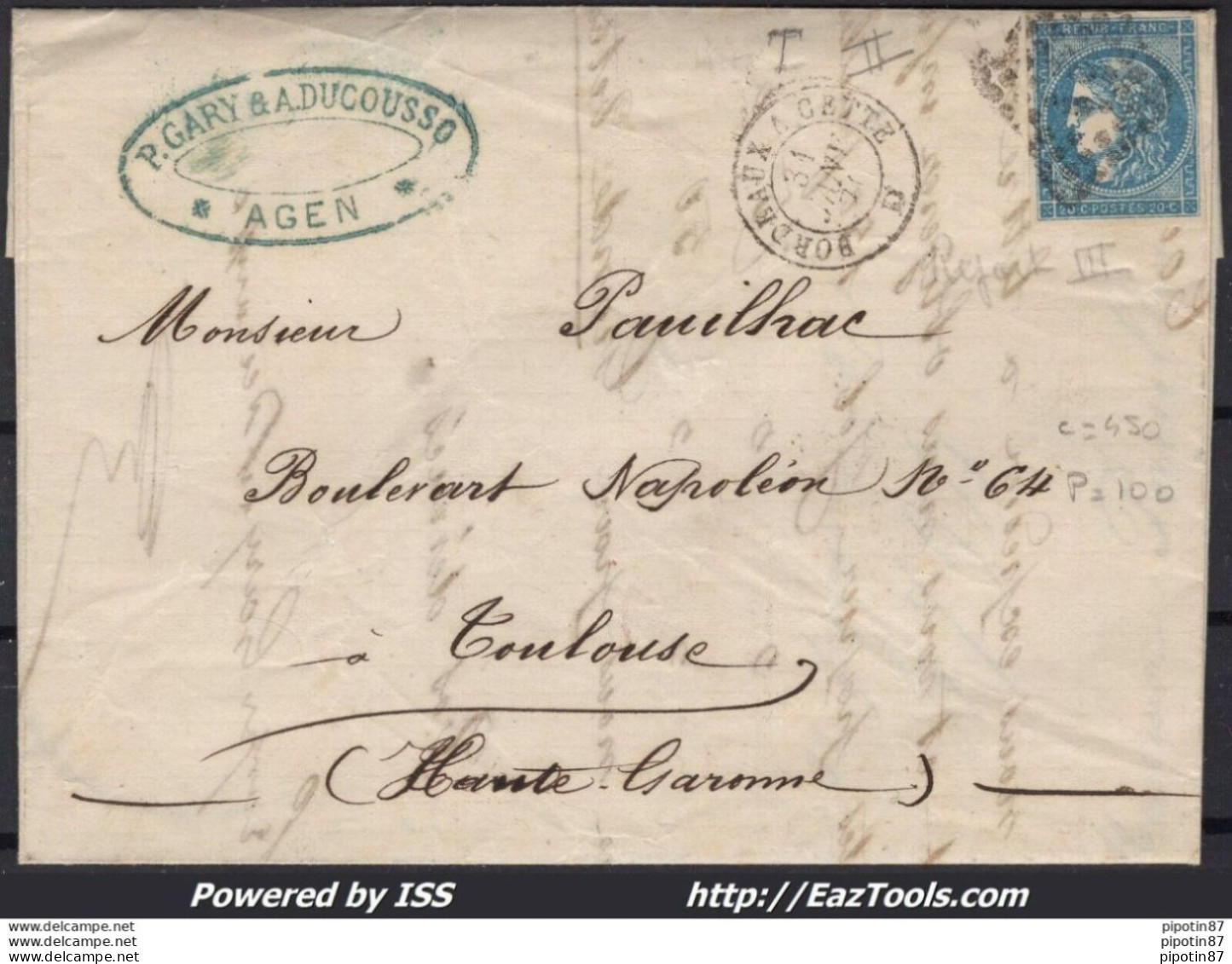 FRANCE N°45C SUR LETTRE AMBULANT DE NUIT BC BORDEAUX A CETTE + CAD DU 31/01/1871 - 1870 Ausgabe Bordeaux