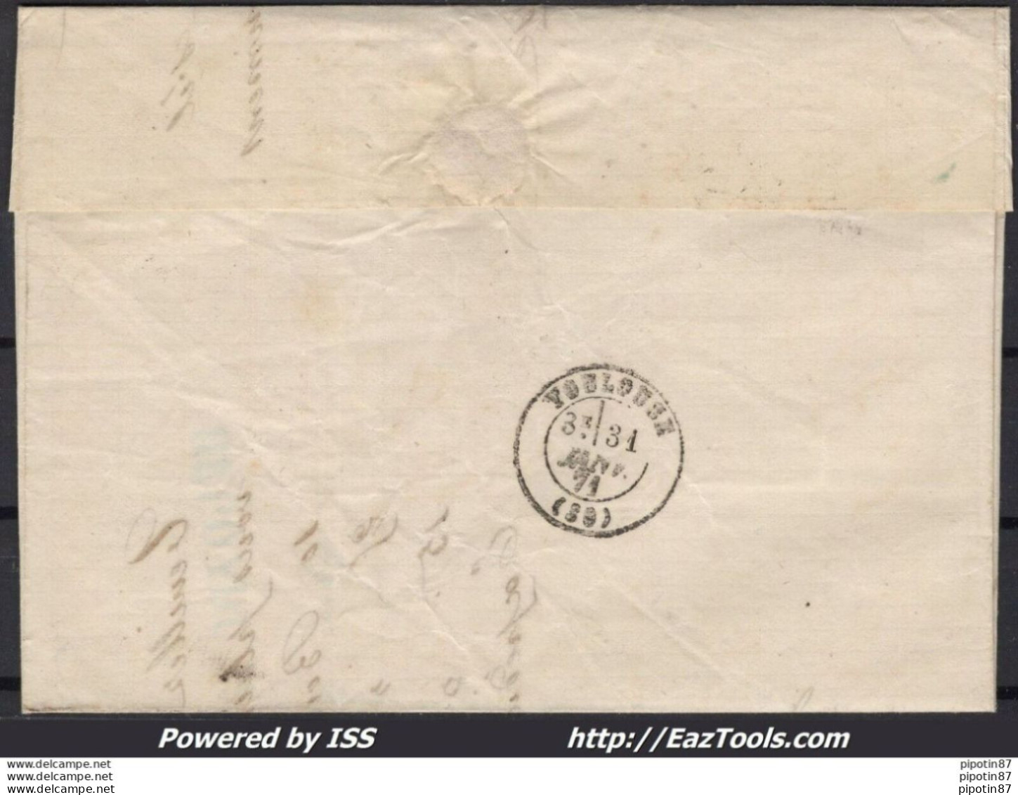 FRANCE N°45C SUR LETTRE AMBULANT DE NUIT BC BORDEAUX A CETTE + CAD DU 31/01/1871 - 1870 Emisión De Bordeaux