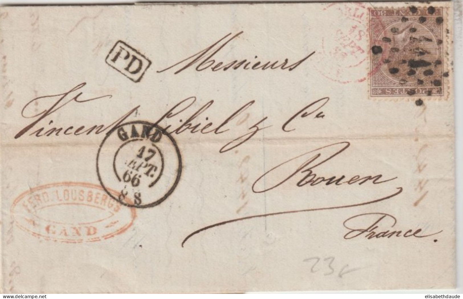 1866 - BELGIQUE - LETTRE De GAND => ROUEN - 1865-1866 Perfil Izquierdo