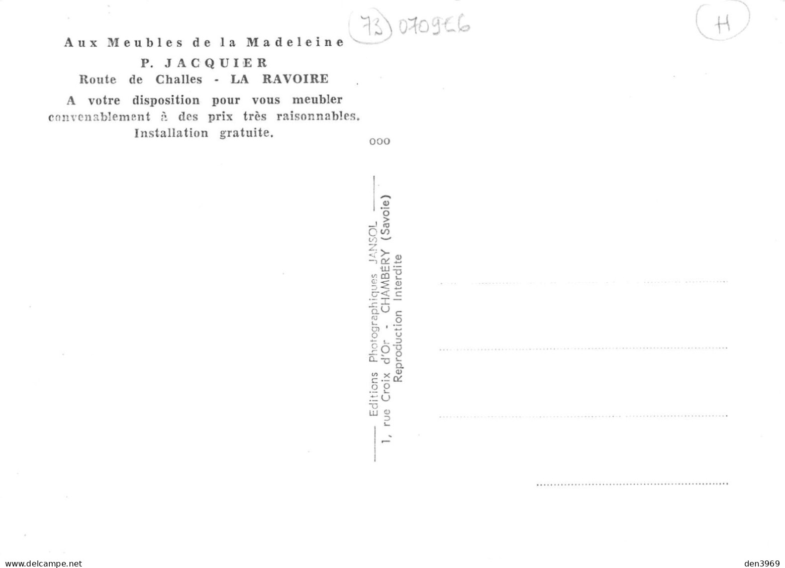 La RAVOIRE (Savoie) - Aux Meubles De La Madeleine, P. Jacquier, Route De Challes - Tirage D'éditeur N&B Non Dentelé - La Ravoire