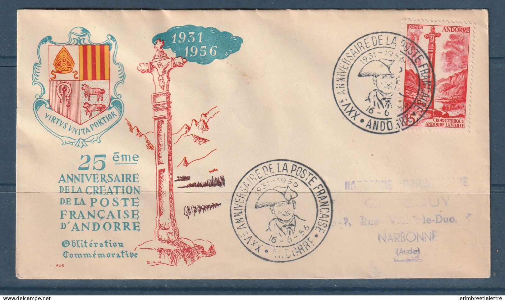 Andorre - Premier Jour FDC - 25eme Anniversaire De La Création De La Poste Française D'Andorre - 1956 - Lettres & Documents